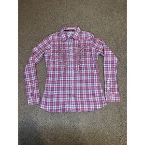 ROPER Pearl Snap Button Up Shirt Womens MEDIUM Pink Plaid Western Rockabilly